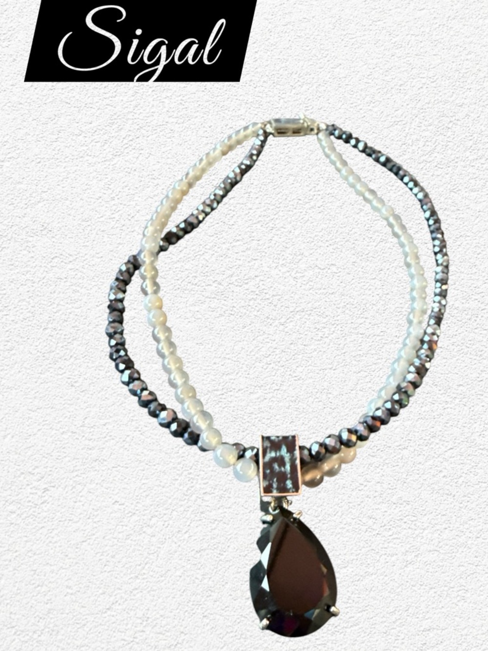 Sigal Double Strand Beaded Statement Necklace - Black/ White Pendant Necklace